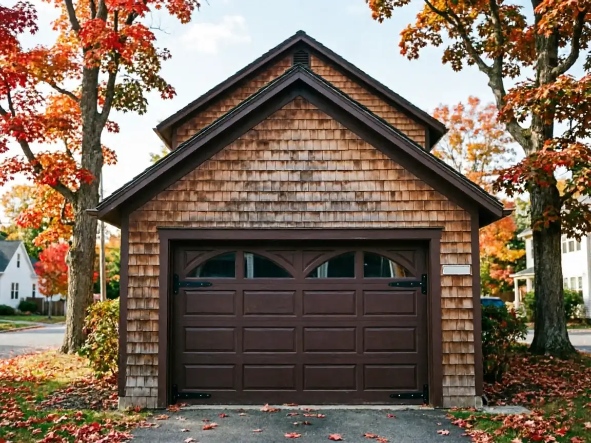A brown garage door with windows is on a wooden shingle garage.