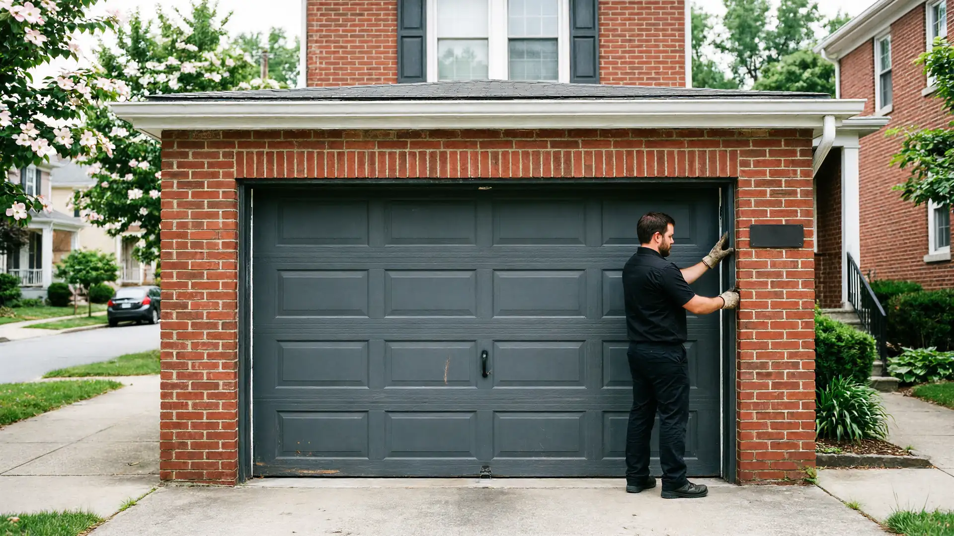 A technician in a black shirt and gloves works on a gray garage door.