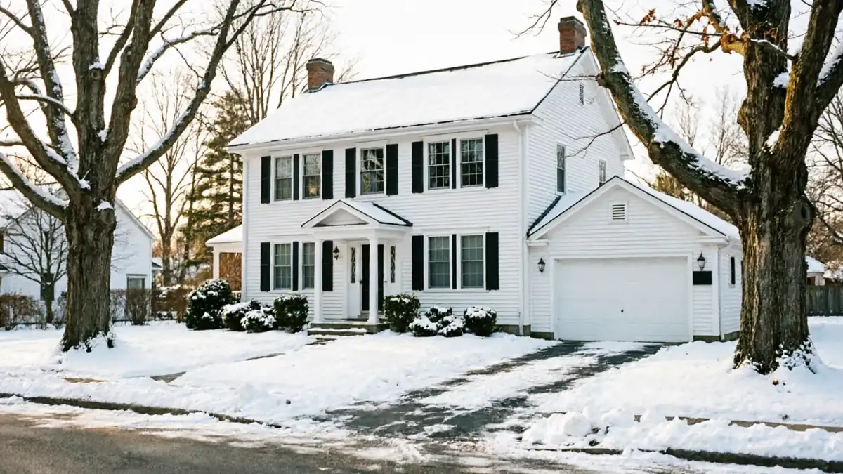 A white house with a white garage door and a snow-covered yard.