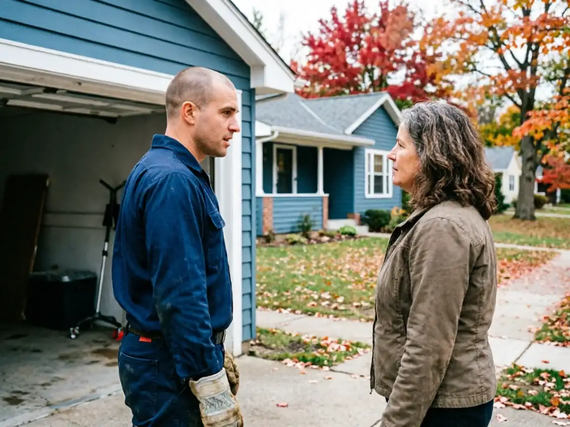 A technician in a blue uniform talks to a woman in a brown jacket.